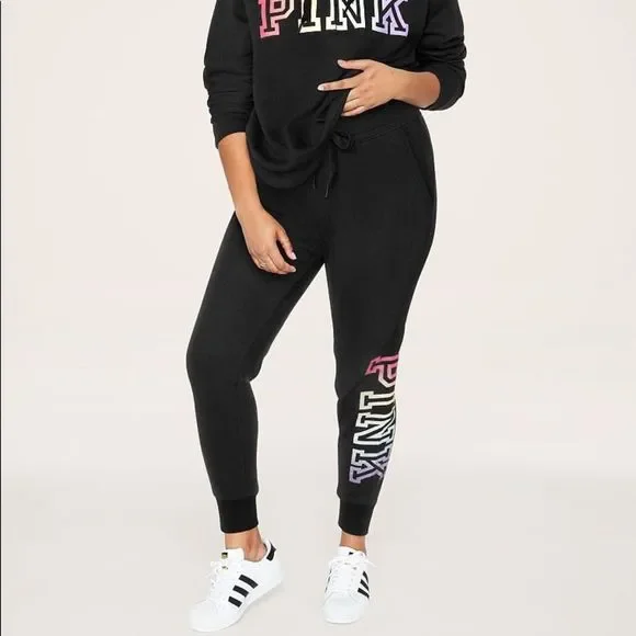 NWT VS PINK EVERYDAY LOUNGE SKINNY JOGGER SWEATPANTS BLACK/RAINBOW LOGO PRINT - Picture 1 of 14
